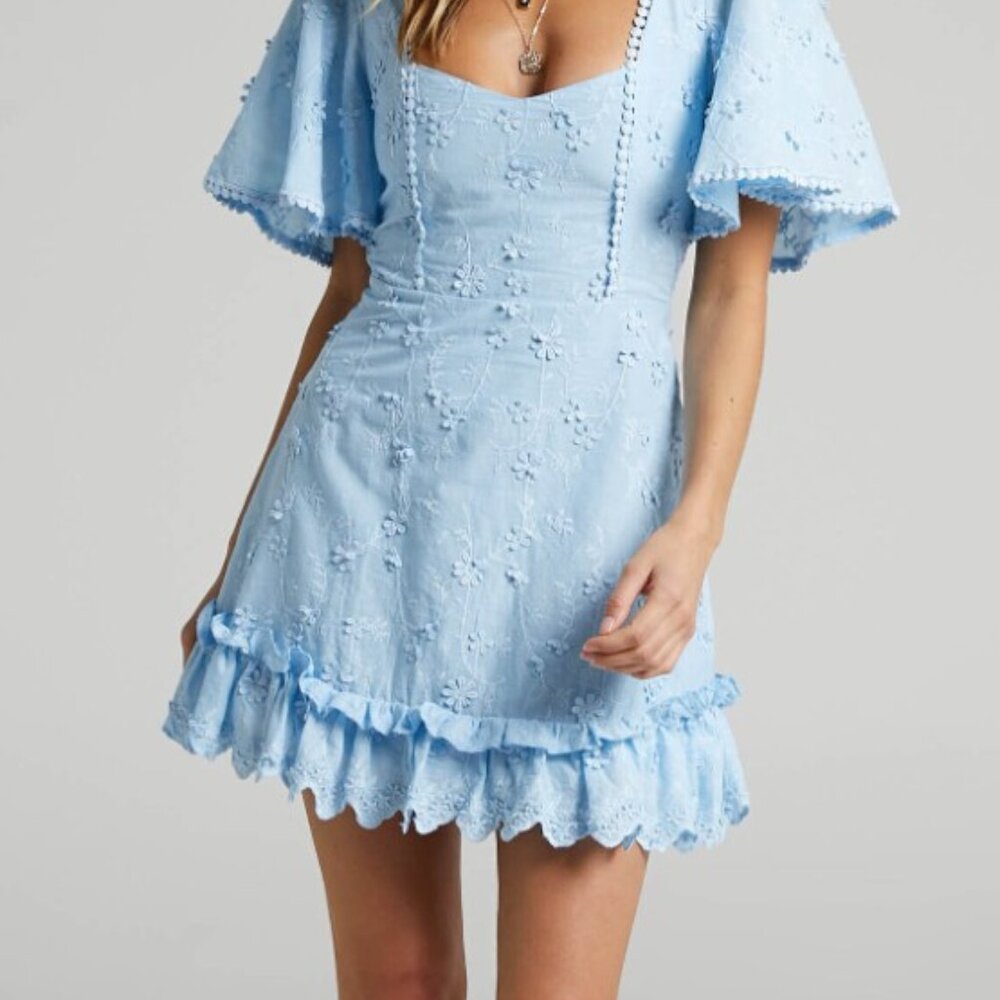 Showpo Fancy A Spritz Square Neck Powder Blue mini dress, size 8